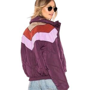 Free People Heidi Colorblock Chevron Ski Puffer Retro Style Jacket Coat Purple M